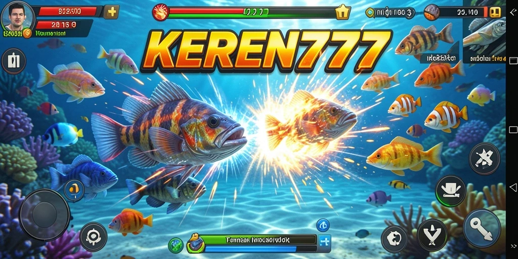 Tampilan gameplay dinamis dari KEREN777 menunjukkan aksi menembak ikan.