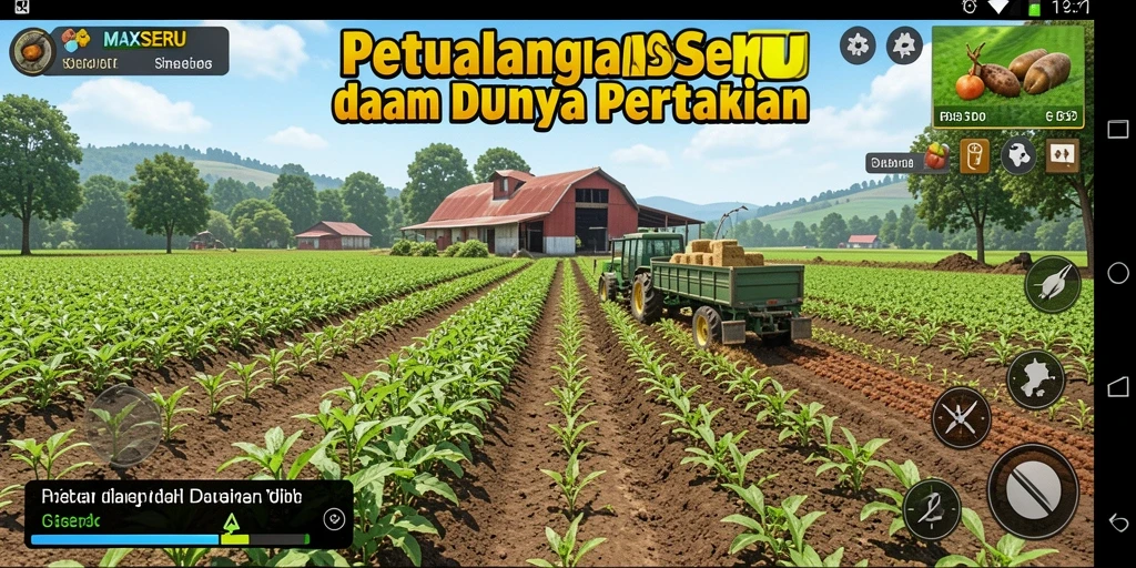 Screenshot gameplay MAXSERU menampilkan kebun yang subur dan interaksi hewan ternak.