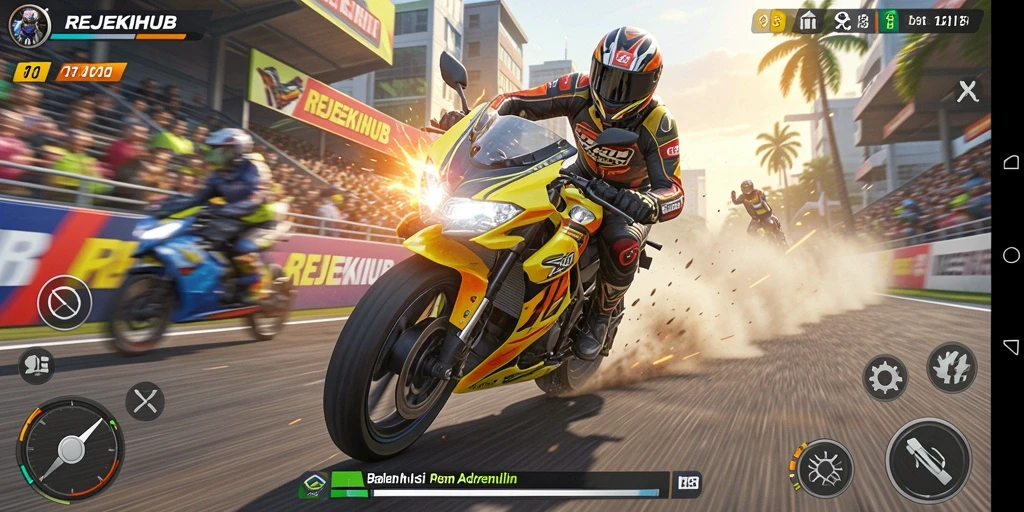 Tampilan aksi balapan motor dari REJEKIHUB yang mendebarkan.