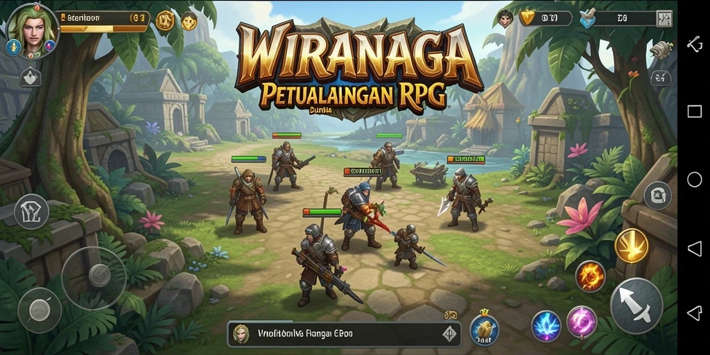 Tangkapan layar utama WIRANAGA menampilkan aksi pertempuran RPG yang mendebarkan.